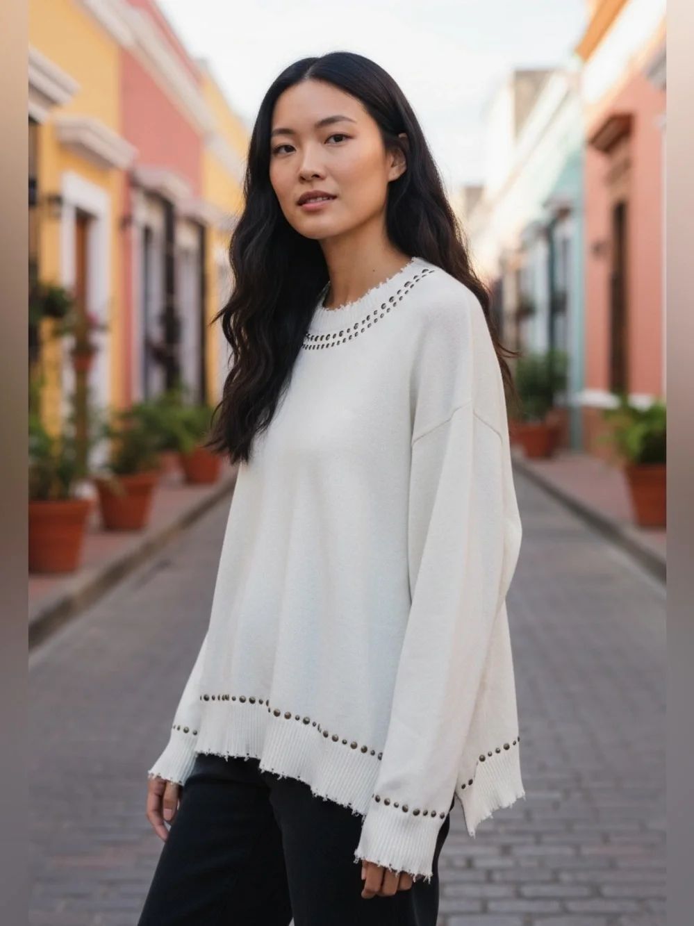 Minnie Rose studded raw edge crew neck oversized sweater NEW SMALL - Picture 3 of 10